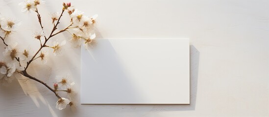 A blank canvas card with copy space image for writing, adorned with a delicate flower twig, showcasing a minimalistic style with subtle light and shadows in a top-down view.