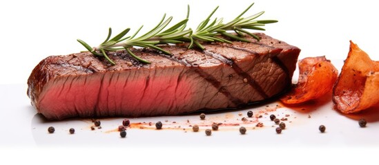A menu item featuring a medium rare New York strip steak with a white background and copy space image.