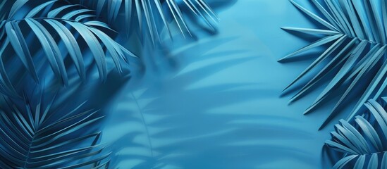 Abstract blue background with palm leaf shadow for showcasing cosmetic products. Geometric backdrop setting for promoting beauty and natural eco-friendly cosmetics.