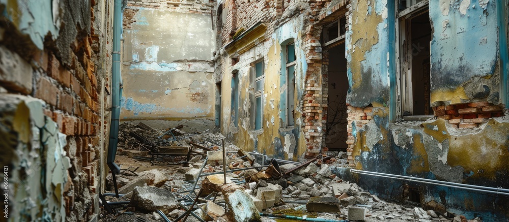 Aufkleber Walls of buildings in ruins of war. with copy space image. Place for adding text or design