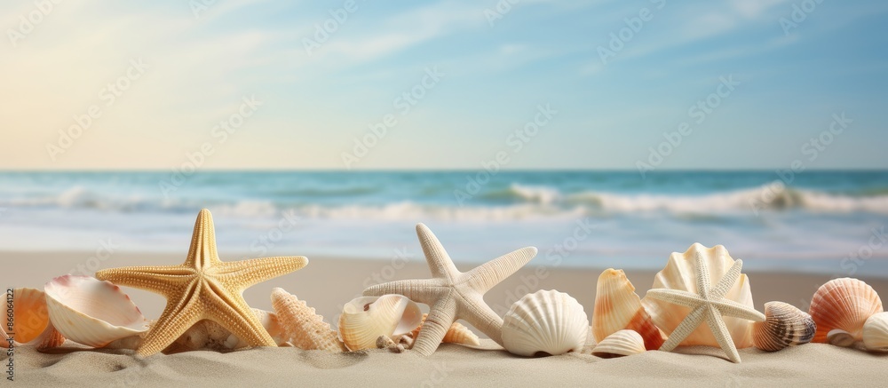 Aufkleber A summer-themed scene featuring sea shells or starfish on a table with room for text in the background. with copy space image. Place for adding text or design