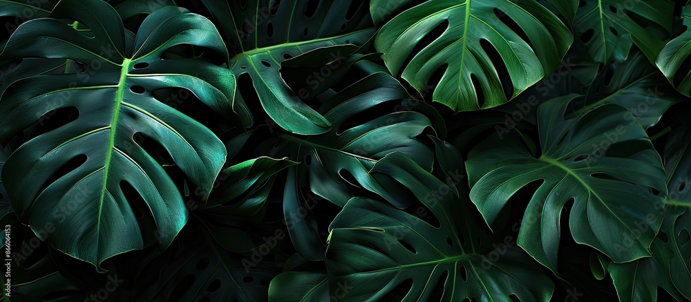 Poster monstera leaves or swiss cheese plant, stunningly displayed against a dark backdrop with focus on th