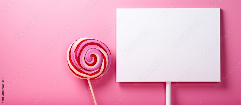 Poster colorful background features a pink lollipop, creating a birthday greeting card concept with copy sp