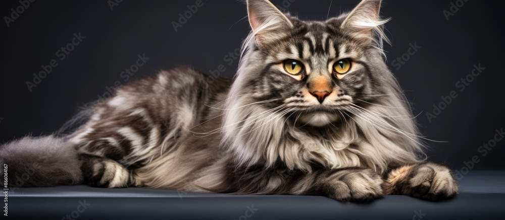 Poster a large and majestic main coon cat with beautiful fur, looking regal, set against a neutral backgrou