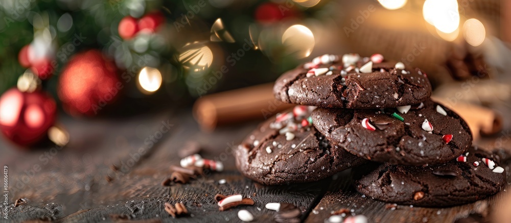 Aufkleber Chocolate Christmas Cookies displayed with festive decoration and a fir tree in the background in an isolated setting, perfect for a copy space image.