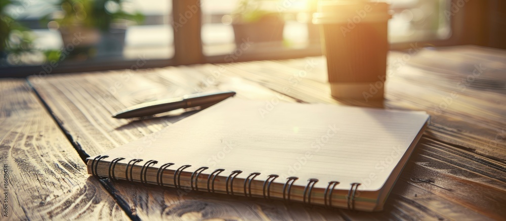 Poster A wooden table showcases a notepad and eco pen, embodying a minimalist concept with a designated copy space image.