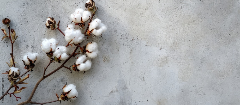 Poster Overhead view of a cotton flower branch on a light gray concrete wall with room for text or other images in the top corner of the photo. with copy space image. Place for adding text or design