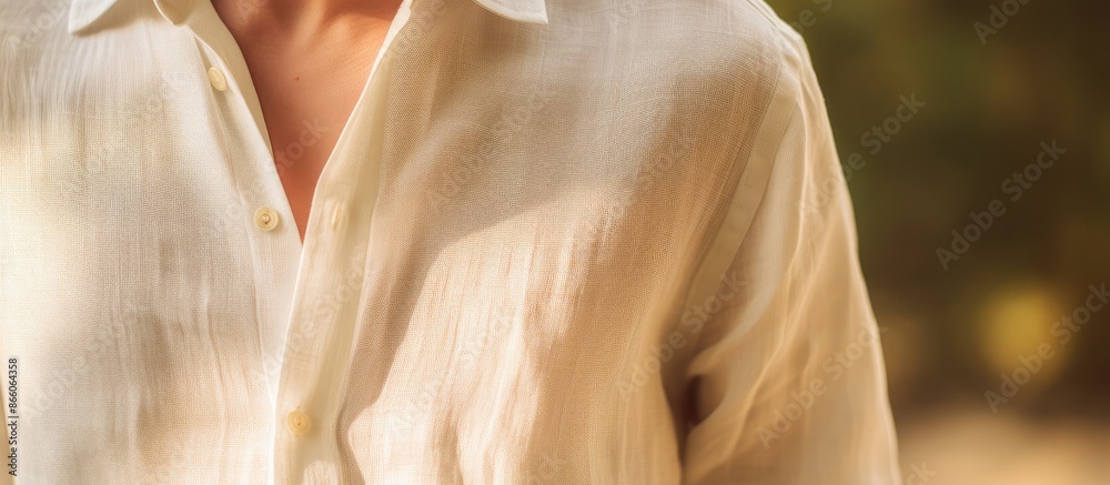 Poster a detailed close-up shot of a linen shirt with a soft focus, allowing for ample copy space image.