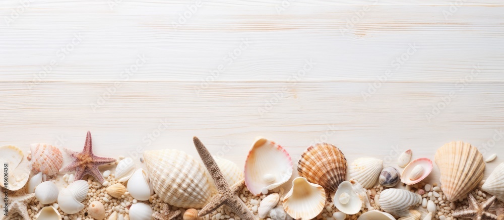 Poster Seashells arranged in a summer-themed frame with copy space image.