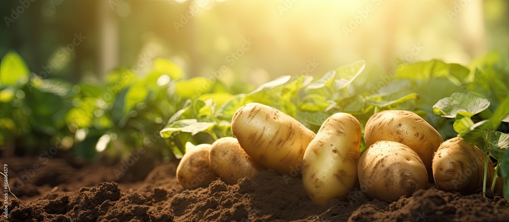 Poster Harvesting potatoes in the garden with selective focus on nature, creating a serene copy space image.