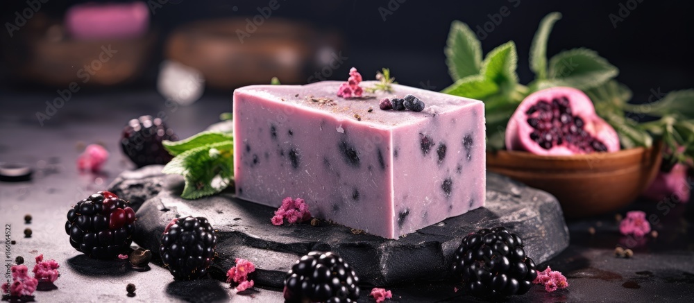 Aufkleber handmade organic soap bars with charcoal on a bright background, accompanied by blackcurrant sorbet,