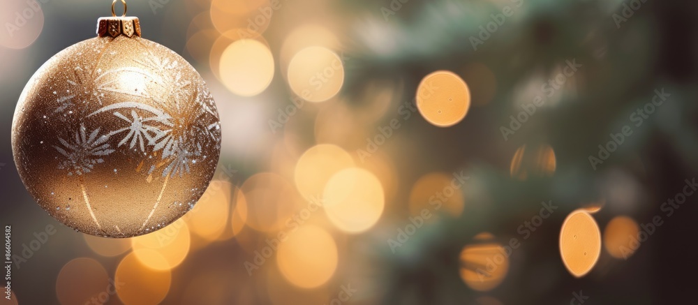 Aufkleber Closeup view of a Christmas ball hanging on an indoor fir tree branch with space for text in the image. with copy space image. Place for adding text or design