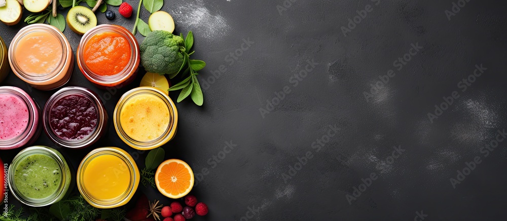 Poster Top view image of various juices in mason jars, surrounded by fresh ingredients on a grey background with a designated area for text or other content. with copy space image
