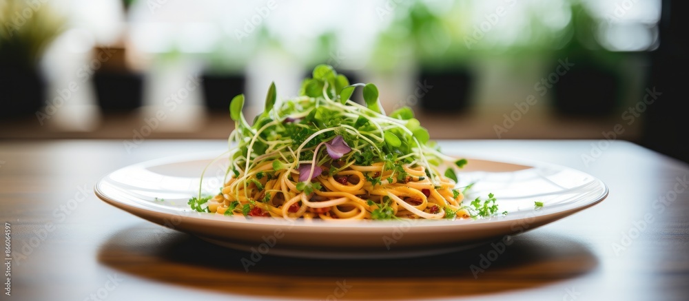 Poster close-up of italian pasta with microgreens on a white plate with a copy space image in a restaurant 
