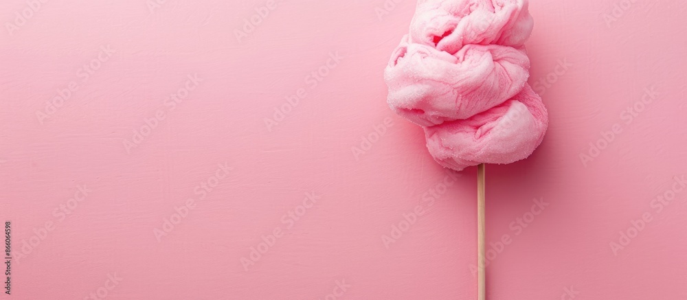 Poster homemade pink cotton candy on a stick displayed horizontally against a pink background with ample co