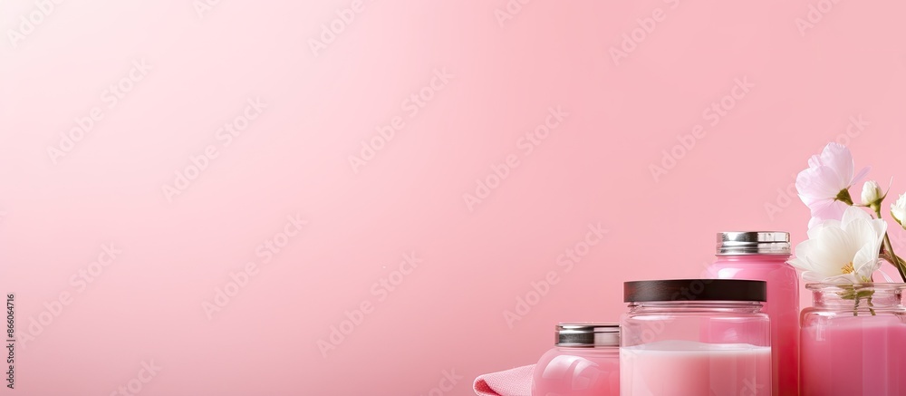 Poster pink background featuring dream jars and spa treatments with blank space for text. skincare creams a
