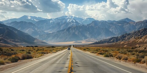 Naklejka premium Scenic Road Trip Banner Cars Cruising Through Mountains. Concept Road Trip, Scenic Views, Banner, Cars, Mountains