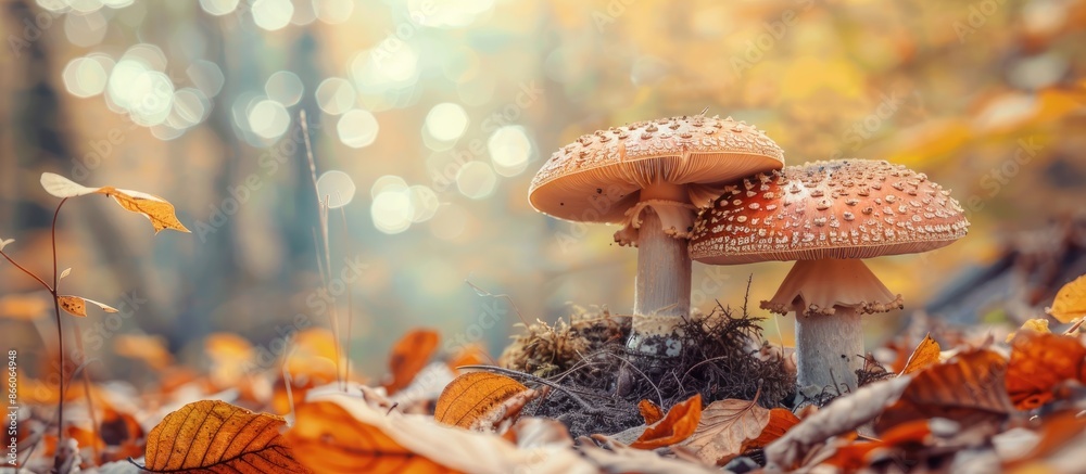 Poster beautiful armillaria mellea mushroom. brown cap mushroom. autumn wild fungi. armillariella mellea at
