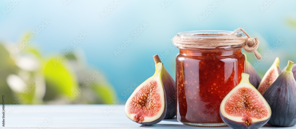 Poster close-up shot of a delicious jar of jam alongside fresh figs on a light blue wooden table, ideal for