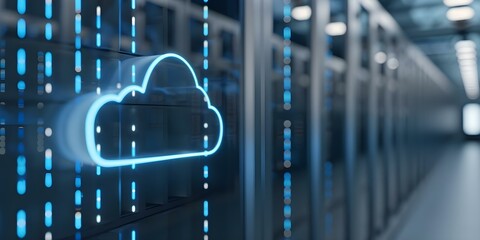 Illuminated servers in a modern data center with a cloud symbol overlay. Concept Data Center Technology, Cloud Computing, Server Illumination, Modern Infrastructure, Digital Innovation,