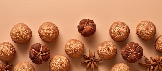 Top-down view of fresh salak fruits on a beige backdrop with space for text, set up to capture an image. with copy space image. Place for adding text or design