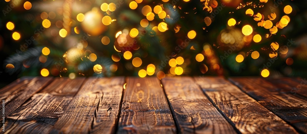 Poster Festive Christmas background featuring a wooden table against a backdrop of a Christmas tree adorned with golden bokeh lights, perfect for product placement with copy space image.