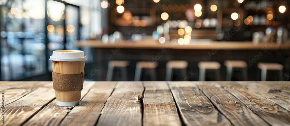Poster Choose a defocused coffee shop background with bokeh effect to complement your product display on an empty wooden table, ideal for photo editing with copy space image.