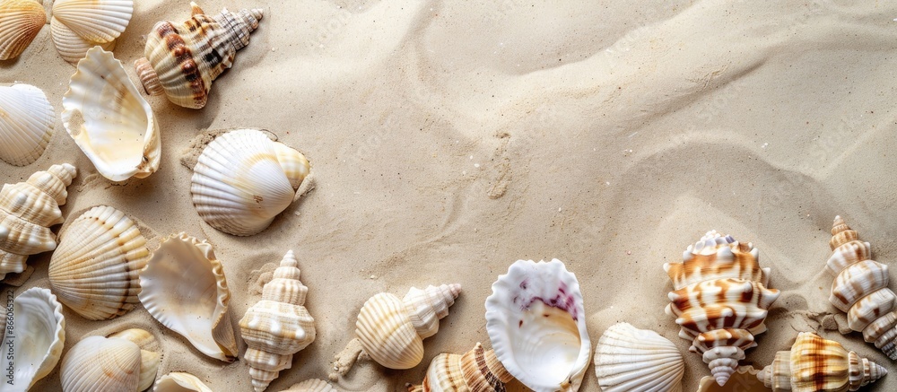 Poster seashells scattered on sandy beach with ample copy space image ideal for a summer holiday backdrop.