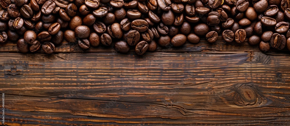 Aufkleber Top view of coffee beans on a rustic wooden background, featuring ample copy space image for customization.