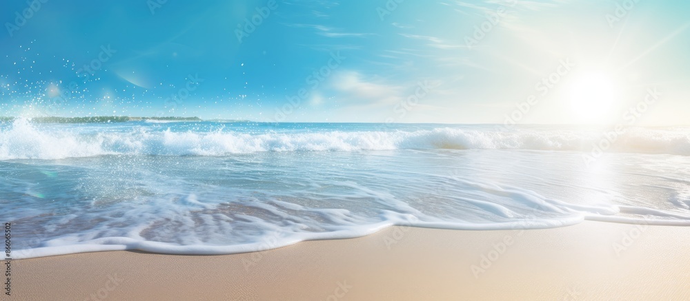 Poster A Spring Break message is handwritten on smooth sandy beach with an oncoming wave, creating a lens flare with a copy space image.