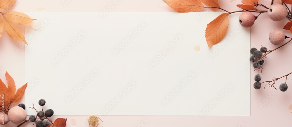 Poster Fall-themed greeting card with leaves and berries on a white mockup sheet against a soft peach backdrop, featuring copy space image.