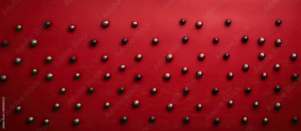 Poster Vibrant thumbtacks arranged on a textured red leather surface with space for images, featuring a subtle vignette effect. with copy space image. Place for adding text or design