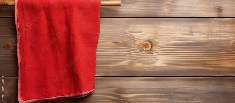 Poster a red kitchen towel displayed on a light wooden backdrop with copy space image.