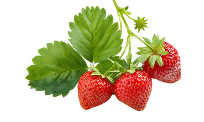 Branch of fresh strawberry isolated, group of red strawberry cut out.
