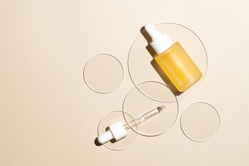 medicine, cosmetic research, bio science, testing organic skin care products. Petri dishes on beige background. Top view, flat lay. Concept skincare. Dermatology.