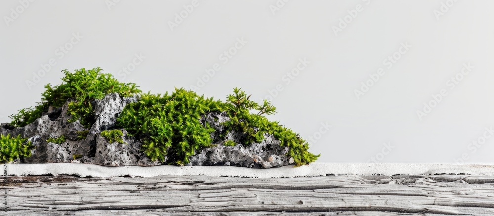 Aufkleber icelandic stabilized moss in white concrete on wood and white background. with copy space image. pla