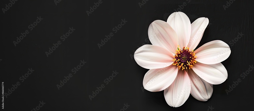 Poster Delicate flower on a black background. View above. Copy space image. Place for adding text or design