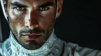 Portrait of swordsman holding fencing sword on black background close up