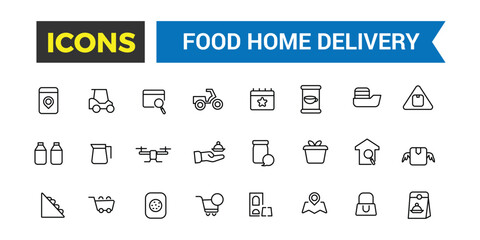 Food Home Delivery icons collection. Outline icons pack. Editable vector icon set and illustration for web and UI.