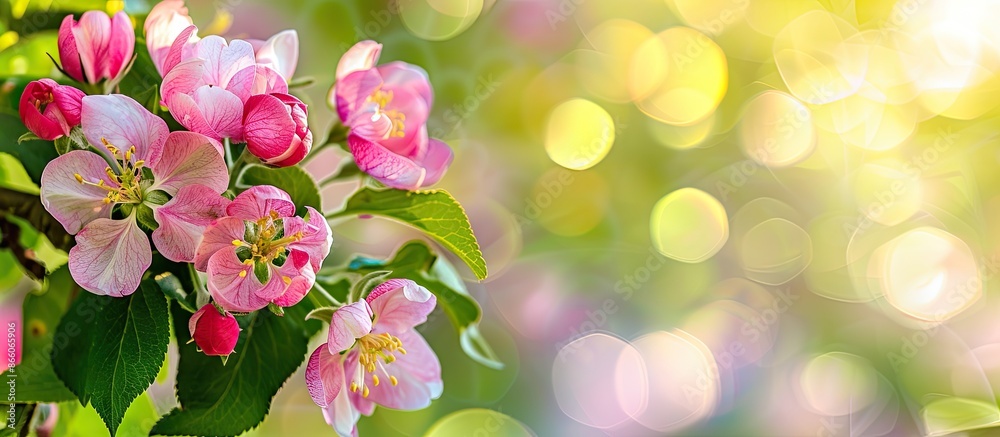 Poster Pink apple tree flowers in bloom with a blurred green foliage backdrop in a copy space image.