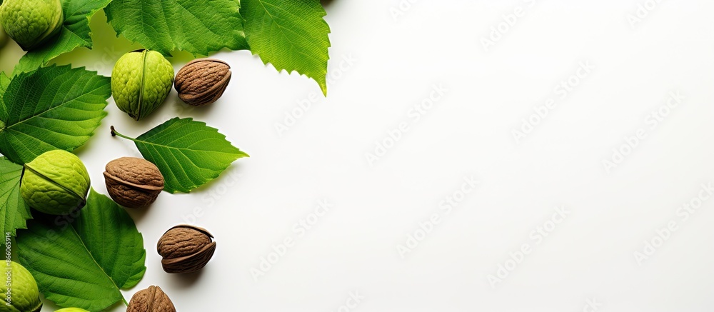 Poster Top-down shot of walnuts and leaves on a white background, perfect for your text in the copy space image