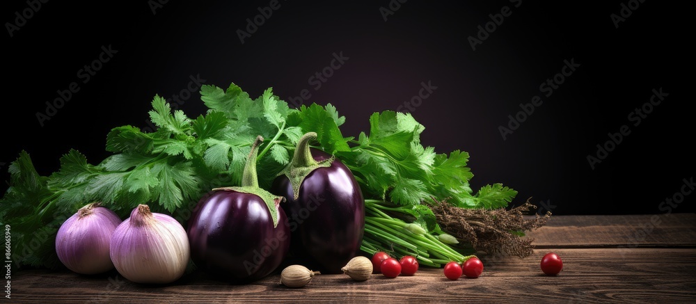 Poster coriander and eggplant arranged on a wooden table with a vast copy space image.