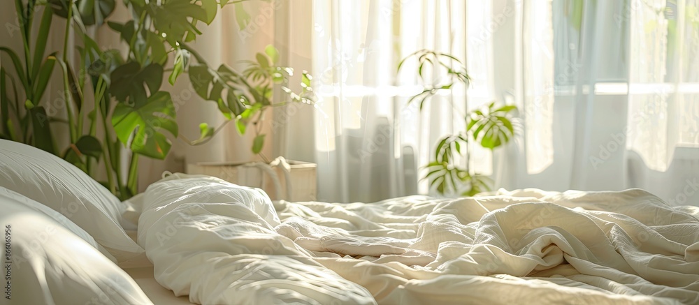Aufkleber natural fabric bedding on the bed. with copy space image. place for adding text or design