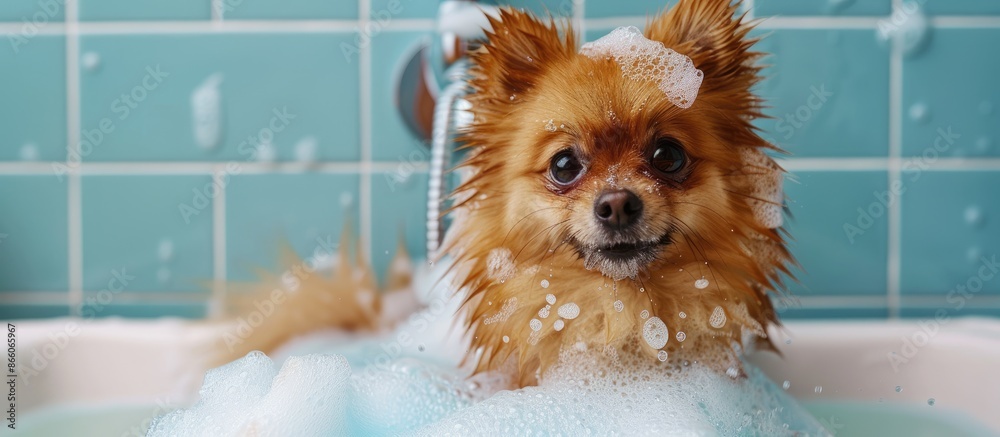 Aufkleber pomeranian spitz is showering with shampoo in dog bath. copy space image. place for adding text or d