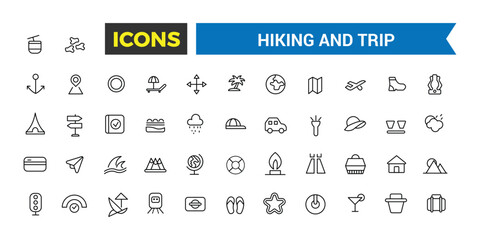 Hiking and Trip icons collection. Outline icons pack. Editable vector line icon set and illustration for web and UI application.