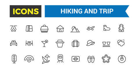 Hiking and Trip icons collection. Outline icons pack. Editable vector line icon set and illustration for web and UI application.