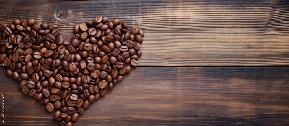 Poster Heart-shaped coffee beans on rustic wooden backdrop with copy space image.