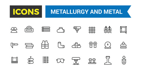 Metallurgy and Metal icons collection. Outline icons pack. Editable vector line icon set and illustration for web and UI application.