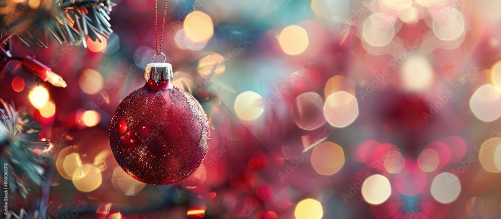 Poster detailed view of a christmas tree ornament against a festive backdrop with copy space image.
