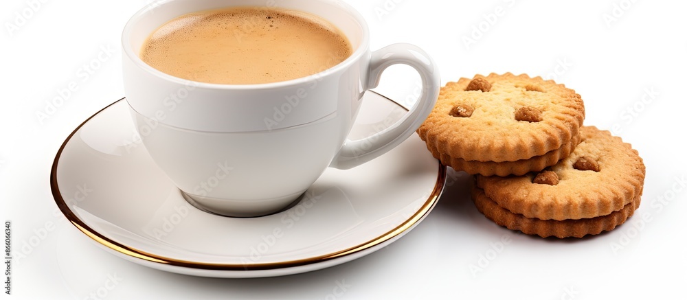 Aufkleber isolated on a white background, a cup of coffee and biscuit displayed with copy space image.